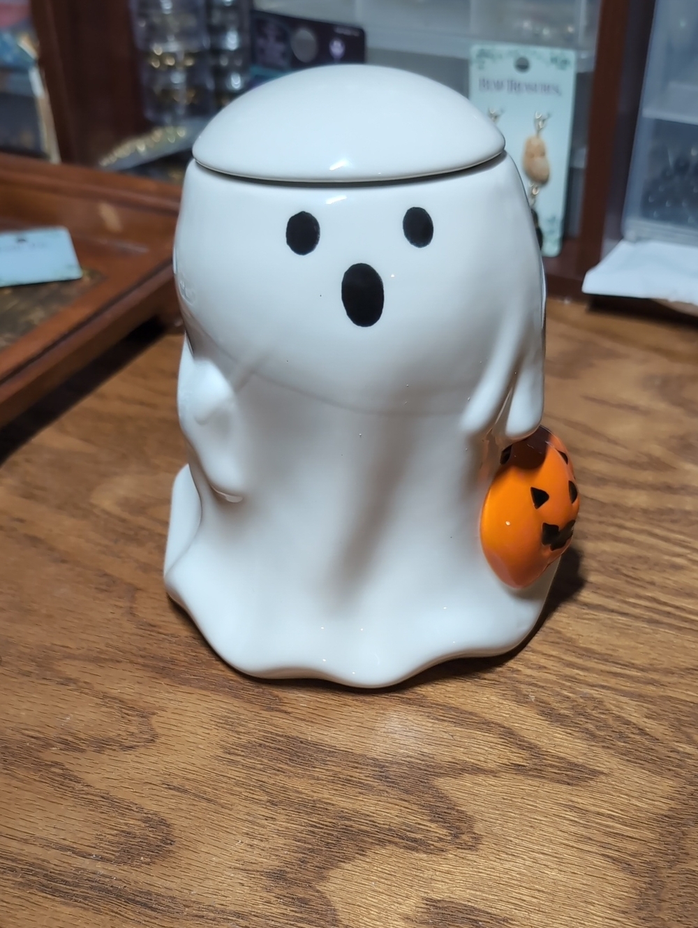 White Ceramic Ghost Candy Jar with Orange Pumpkin Accent - Home Accents